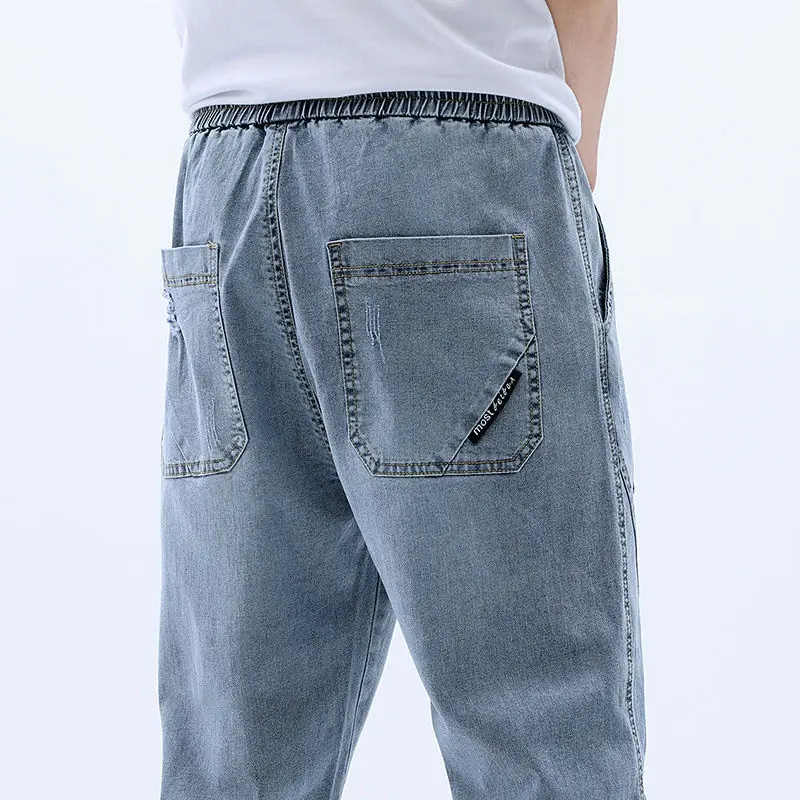 Fall Summer Jeans Men's Loose Cropped Pants Ankle Banded Trousers Stretch Korean Fashion Patchwork Jeans Denim Jeans for Men