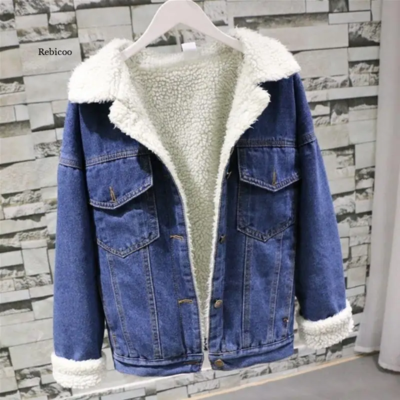 Winter Warm Fur Jeans Jacket Women Bomber Jacket Blue Denim Jacket Female Coat with Warm Lining & Front Button Flat Pockets