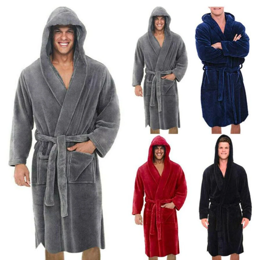 

Men Solid Hooded Bathrobe Towel Soft Long Sleeved Robe Coat V-Neck Casual Home Clothes Sleepwear Men Large Nightwear L-5XL