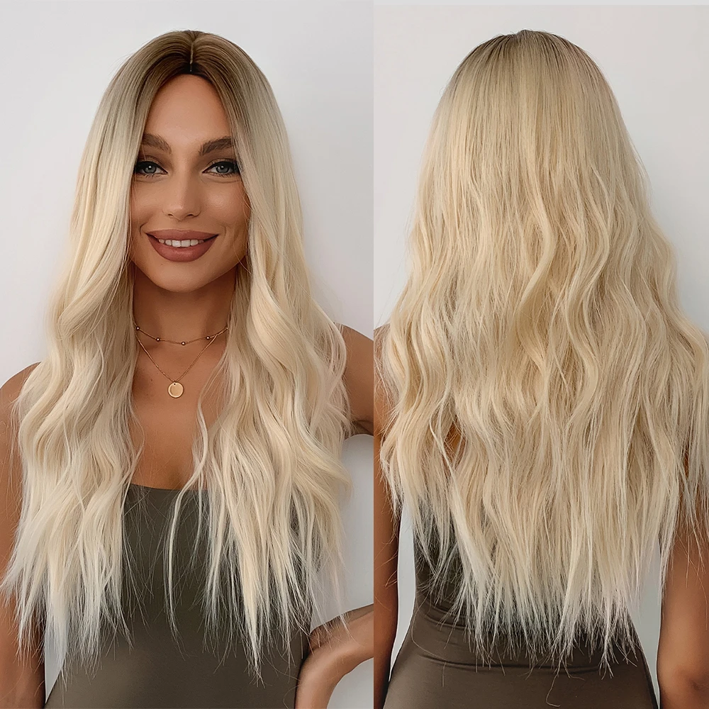 TINY LANA Long Wavy Omber White Blonde Platinum Synthetic Wig For White Woman Middle Part Cosplay Natural Hair Heat Resistant