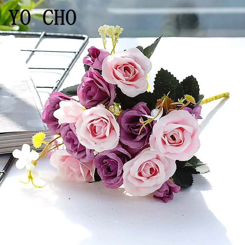 10 Heads 3 Buds Roses Artificial Flowers Wedding Bouquet 5 Branch Silk Fake Flowers Party Home Vase Table Decor Faux Rose Flores