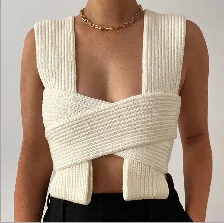 2022 Spring Summer Bow Cross Strap Knitted Sweater Vest Women Sexy Crop Top DIY Tie Clothing Sleevless Jumpe Girl Sexy Khaki