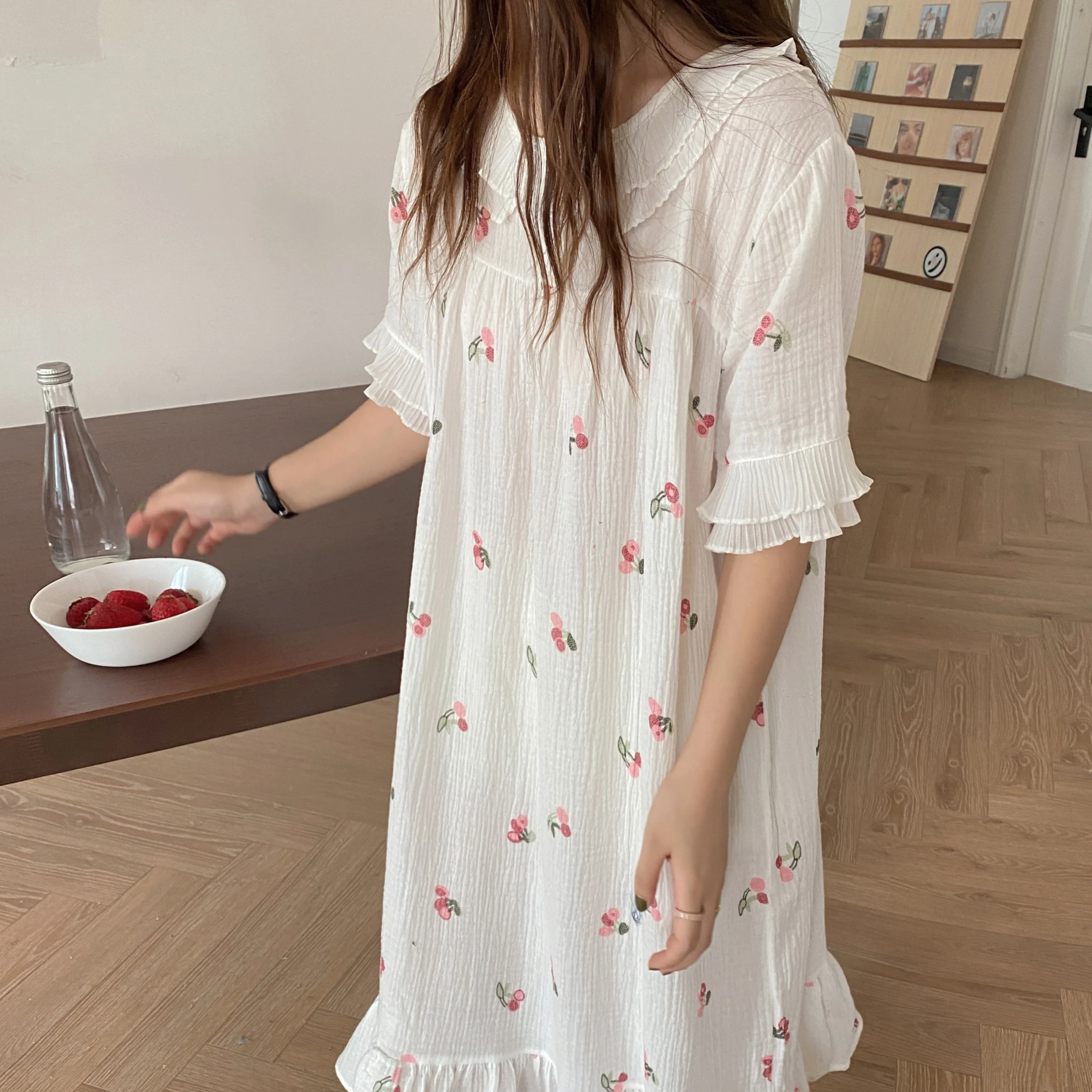 Summer Comfortable Soft Cotton Nightgown Crepe Women Sleepwear Peter Pan Collar Chiffon Lace Flower Print Dress Homewear