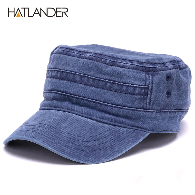 HATLANDER Vintage Washed cotton cap and hat for men women outdoor flat top army hat fitted gorras adjustable solid military hats