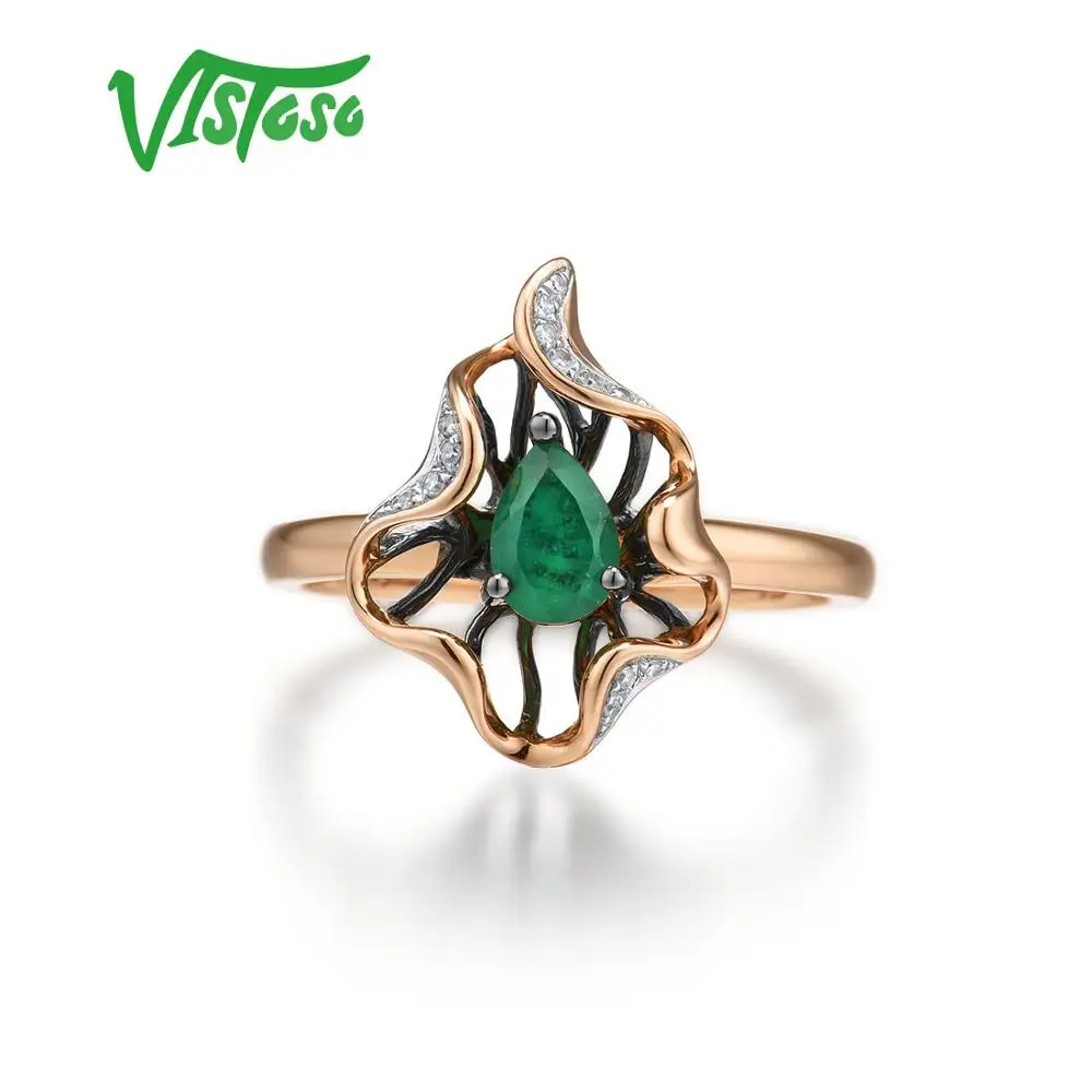 VISTOSO Gold Rings For Women Genuine 14K 585 Rose Gold Ring Magic Emerald Sparkling Diamond Engagement Anniversary Fine Jewelry