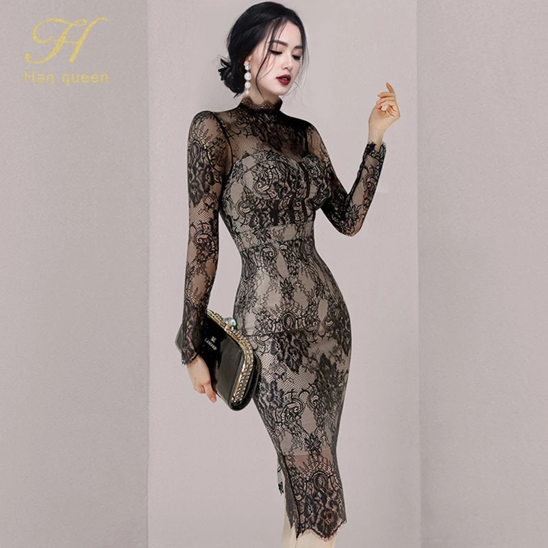 H Han Queen Autumn New See Through Lace Vestidos Korean Fashion Crochet Flowers Pencil Dress Elegant Simple Party Women Dresses