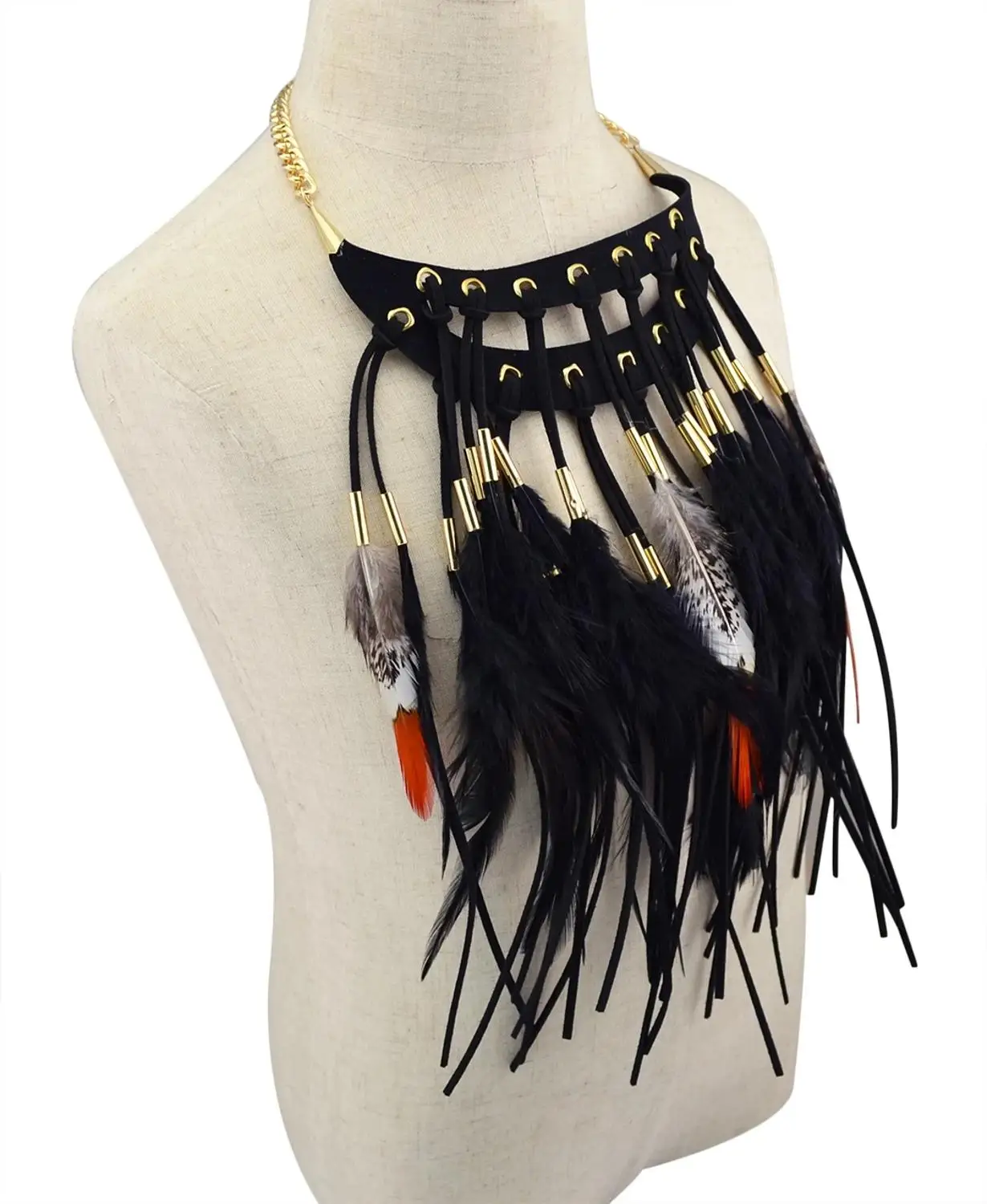 Black Brown Long Feather Pendants Indian Ethnic Necklace Vintage Bohemia African Hyperbole Hippie Charm Collar Statement Jewelry