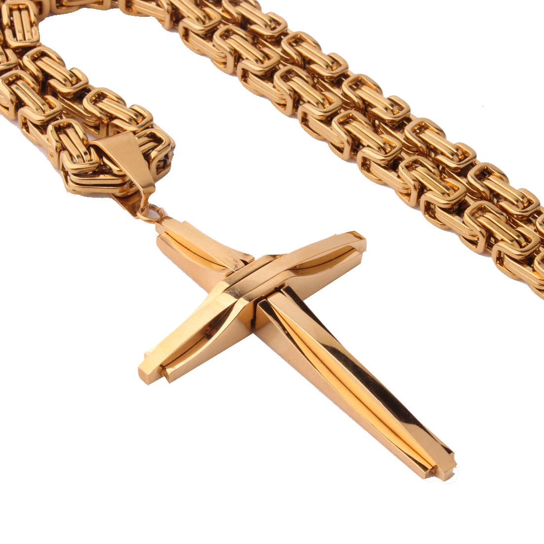 Cool Cross Gold Color Necklaces Men Women Pendant Stainless Steel With 5MM Byzantine Chain Christian Crucifix Jewelry