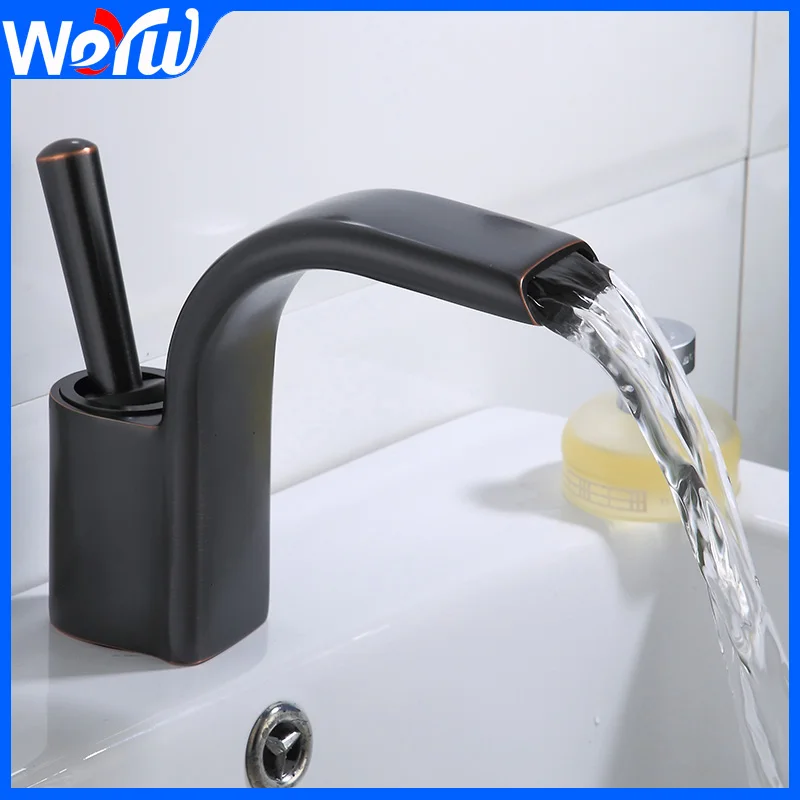 Waterfall Faucet Black Toilet Single Handle Brass Faucet Bathroom Sink Single Hole Basin Faucet Hot and Cold Water