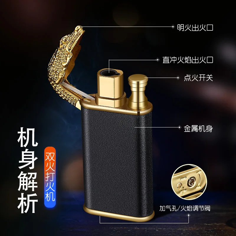 Hot Metal Crocodile Dolphin Double Fire Lighter Creative Direct Windproof Open Flame Conversion Cigarette Lighter Men\'s Smoking