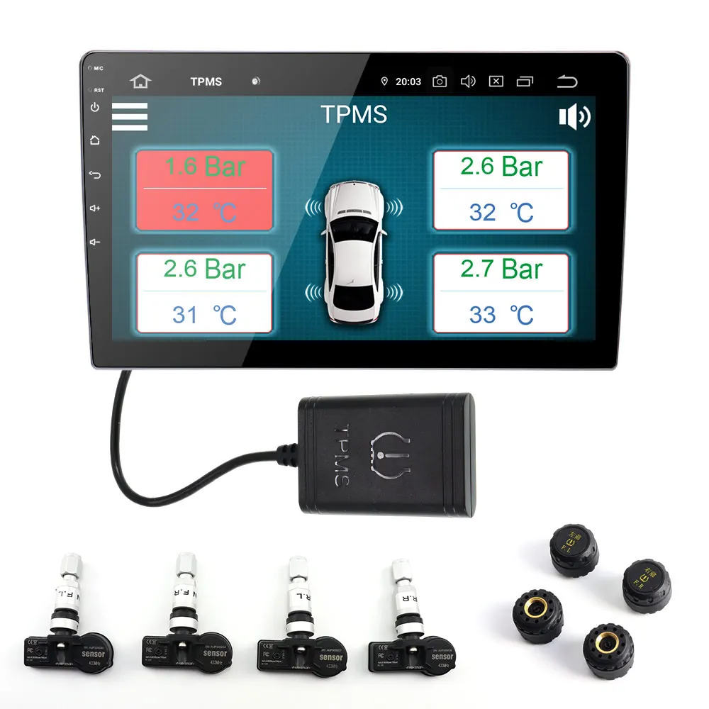 TPMS Car Tire Pressure Monitoring System Wireless TPMS with 4 External Sensors Fit for Android 13 Android 8.0 8.1 9.0 PX5 PX6 PX