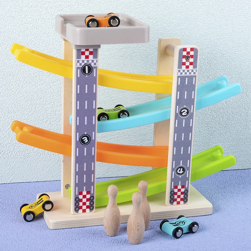 Wooden Racing Track Racing Car Fun Track Sliding Cars With 4pcs Mini Cars Educational Toys for Boys Girls Gifts 3 Years Olds