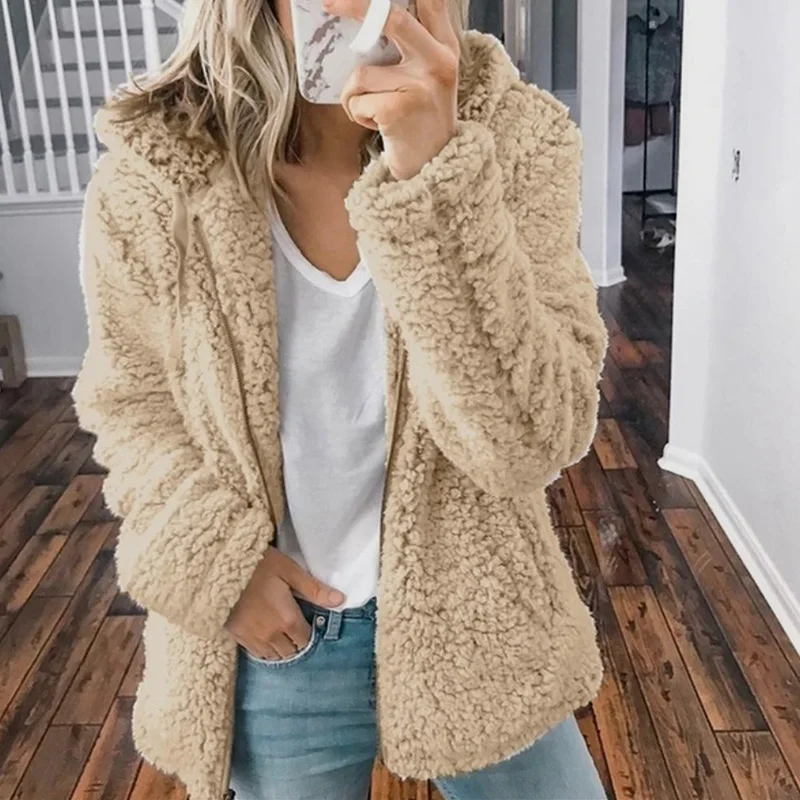 Elegant Solid Faux Fur Coat Women Autumn Winter Warm Soft Zipper Fur Jacket Female Plush Overcoat Casual Outerwear Plus Size