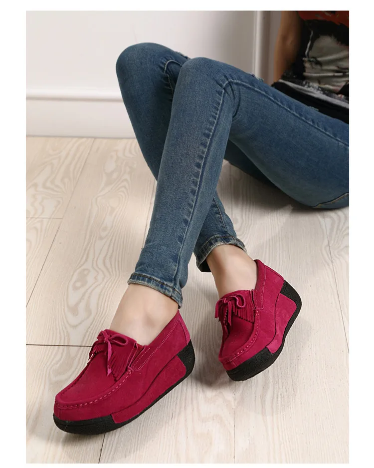 Women\'s shoes Comfortable platform Female Ladies Cow Suede Genuine Leather Shoes Loafers Platform  Elegant Slip red shoes