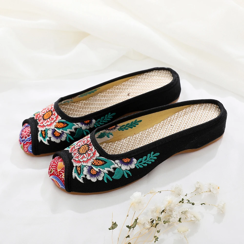 Veowalk Sunflower Embroidered Women\'s Canvas Slides Summer Ladies Comfort Cotton Embroidery Flat Slippers Shoes Sandial Mujer