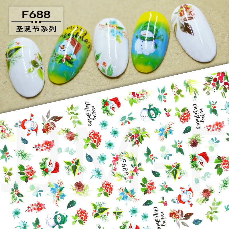 10 Stuks Kerst Serie Kerst Hert Nail Sticker Kerstboom Witte Sneeuwpop Diy Nail Slider Nagel Zelfklevende Sticker Decoratie