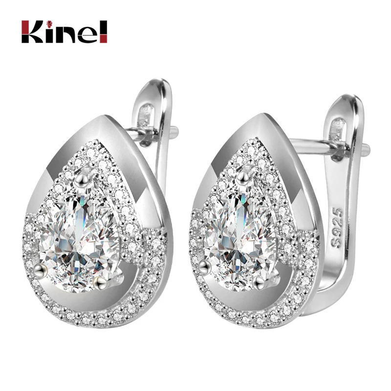 Pendientes Kinel de moda con forma de gota de agua CZ para mujer, joya de circonia cúbica blanca, pendientes con dijes de Color plateado, regalos de joyería para fiesta