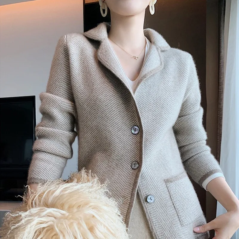 100% Cashmere Wool Sweater Cardigan New Autumn/Winter Herringbone Pattern Suit Collar Sweater Coat Casual Loose Knitted Jacket