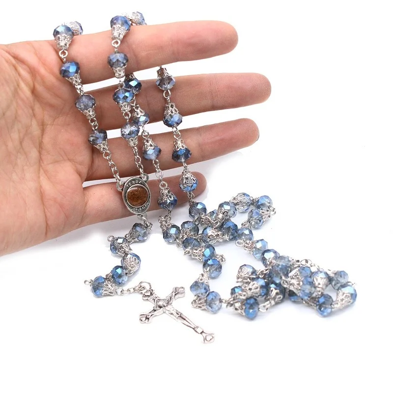 Glass Crystal Religious Rosary Round Beads Cross Virgin Mary Fashion Rosary Cross Necklace Catholic Religious Necklace Jewelry