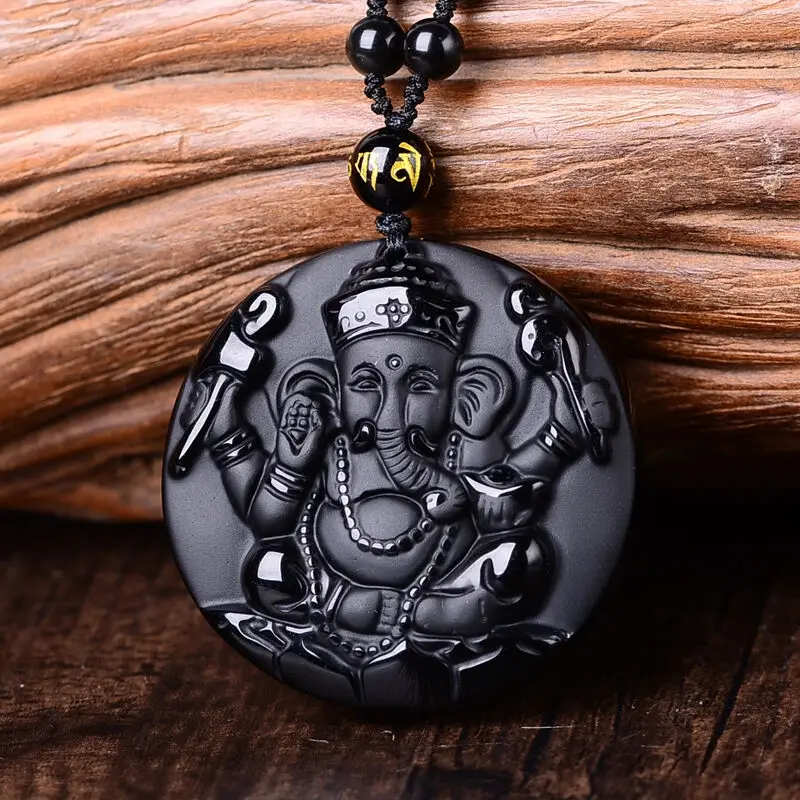 Drop ship Ganesha Pendant Black Obsidian Jade Pendant Carved Ganesh Elephant Lucky Pendants Free Necklace Fine Crystal Jewelry