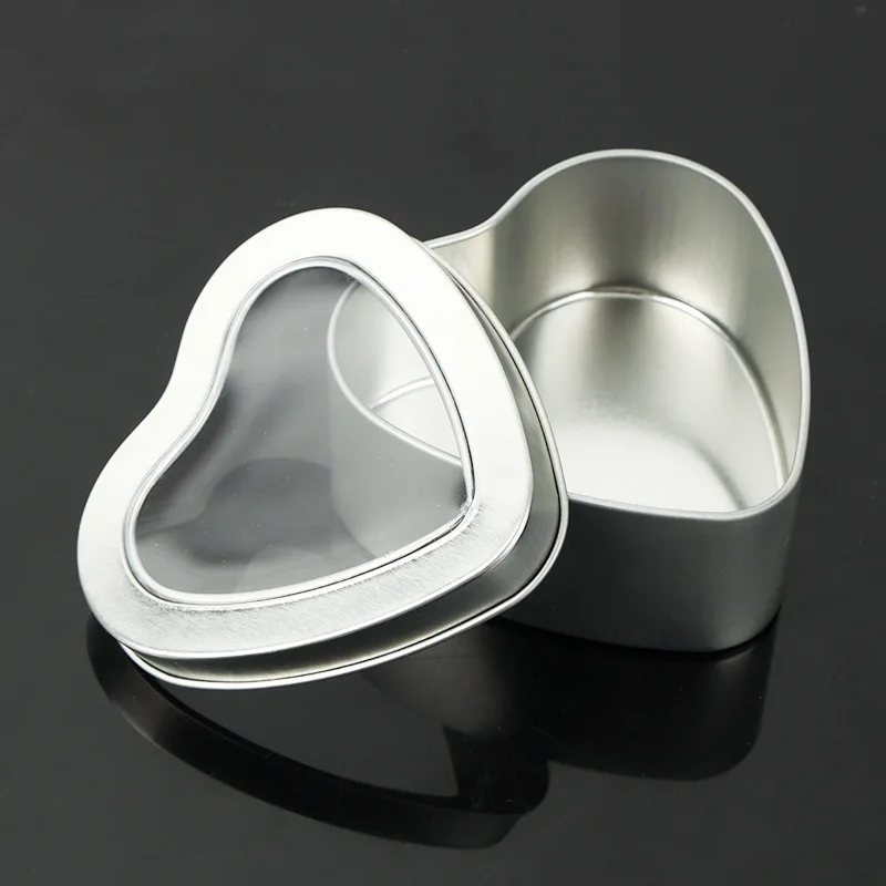 Heart Metal Tins Empty Heart Shaped Silver Glod Color Tins Box with Clear Window for Candle Making Candies Chocolate Storage Box