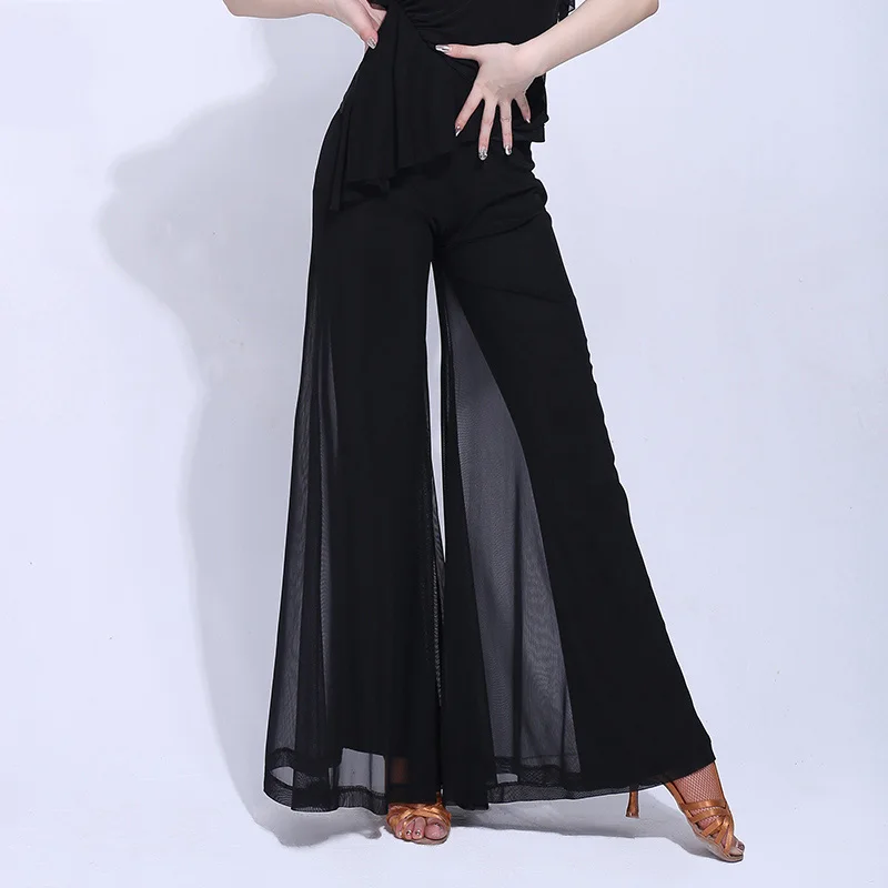 Pantalones de baile latino para mujer, pantalón de trompeta de malla negra, flamenco, Samba, Tango, Salsa, Cha, ropa de práctica para adultos, DNV11911