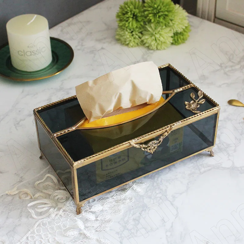 

European Glass Tissue Box Manual Brass Edging Decor Living Room Desktop Tissues Organizer Bedroom Creativity Relief Paper Boxes