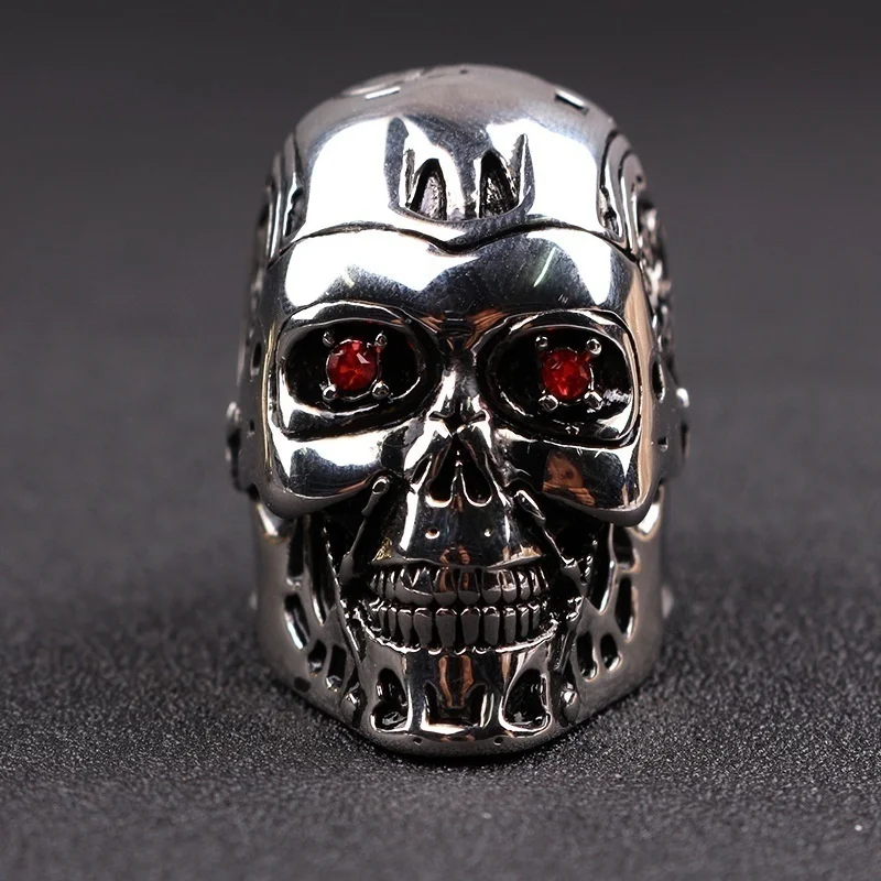 New Exaggerated Skull Ring Men\'s Ring Bohemian Red Crystal Inlaid Metal Silver-Plated Ring Accessories Party Jewelry