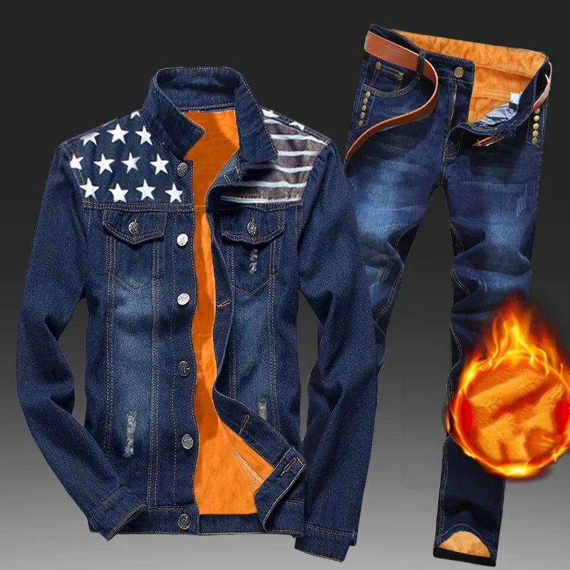 Winter Men Fleece Lining Thick Warm Denim Two Piece Set Slim Fit Cowbody Jacket Jeans Suit Safari Style Cargo Pants Matching Set
