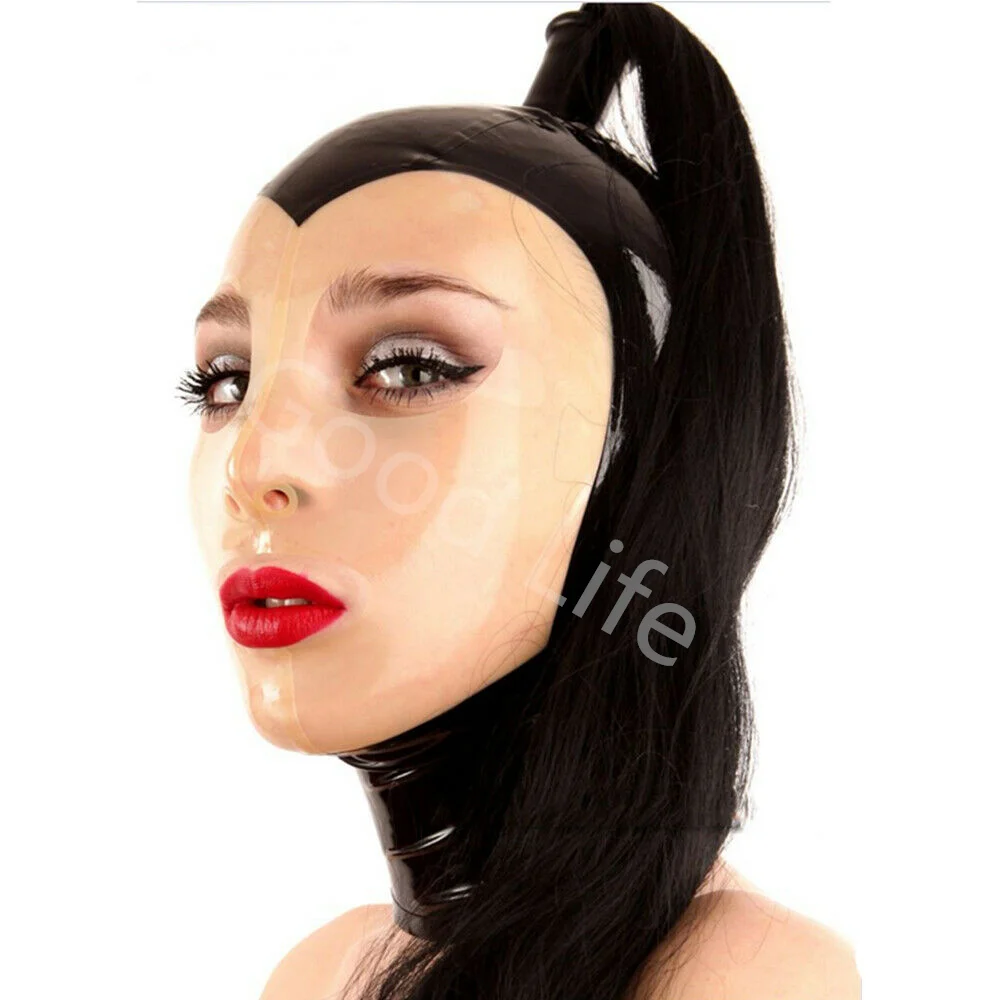 

Women Sexy Black Latex Rubber Mask Hood with Black Hair Pigtail for Party Latex Hood Mask