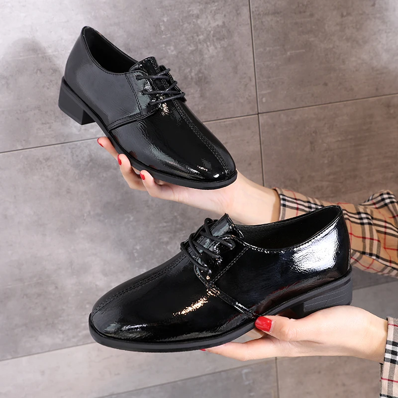 

Lace Up New Nice Oxford Shoes Woman Casual Women Shoes Woman Black White Leather Square Low Heels Platform Ladies Shoes