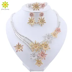 Dubai Fashion Women Necklace Wedding Party Jewelry Set Flower Shape Bracelet Earrings Romantic Wedding Ring Jewelry