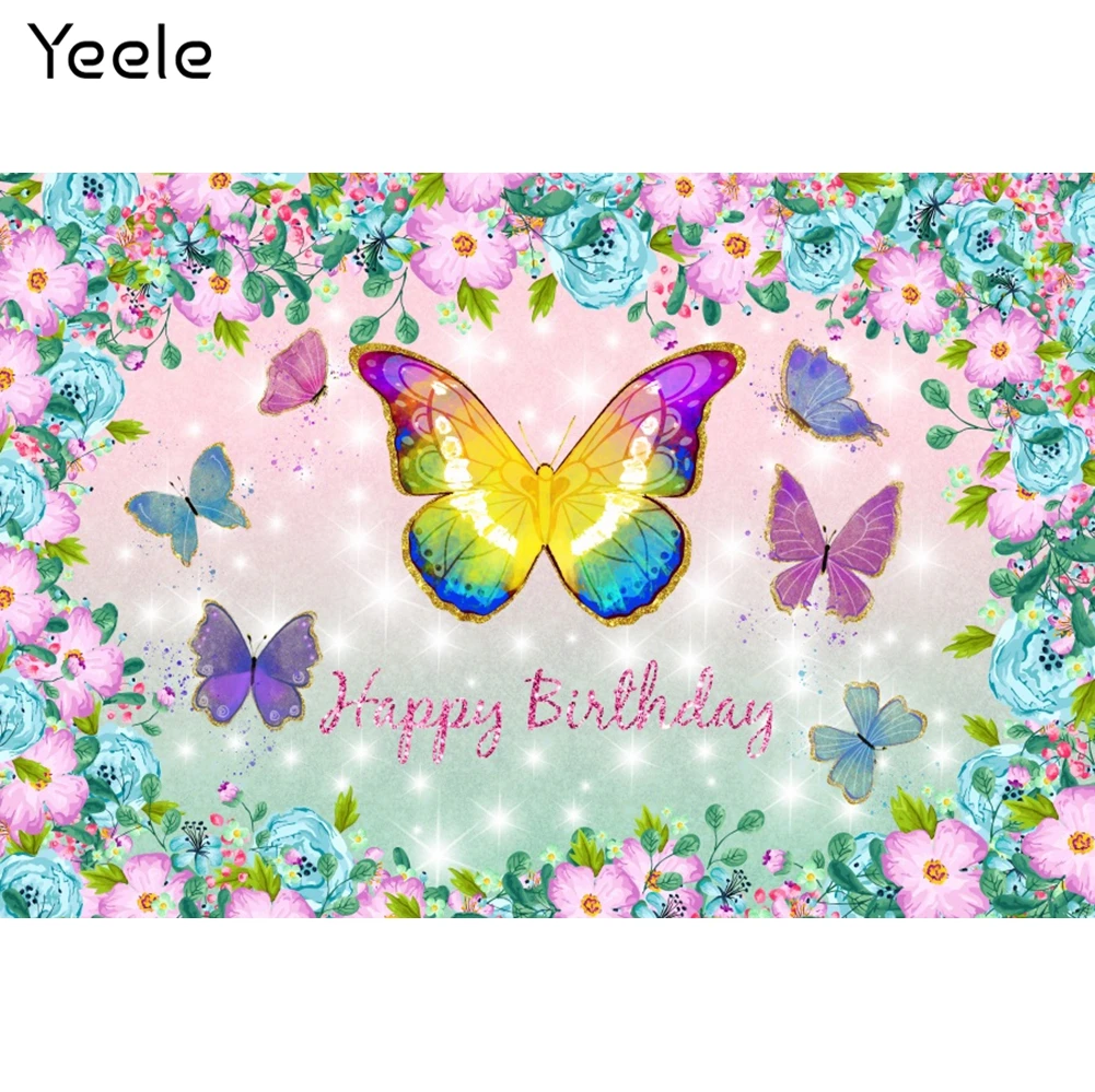 Yeele Photocall Birthday Backdrop Glitter Butterfly Flowers Baby Shower Party Decor Portrait Background Photography Photo Studio