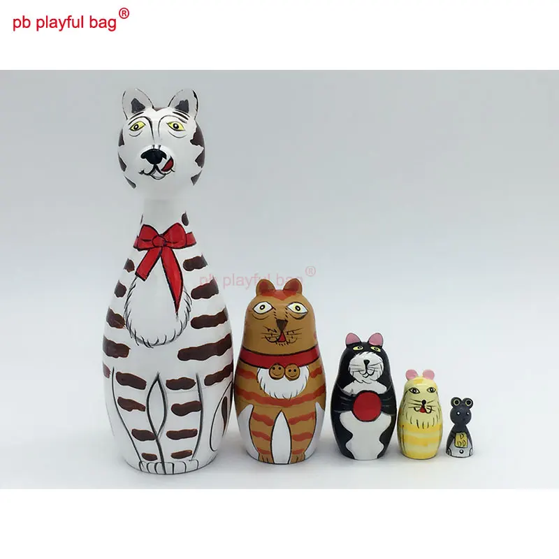 PB Playful bag Five layer animal hand painted Russian dolls cute kitten's house wooden children's toy set craft gift HG23