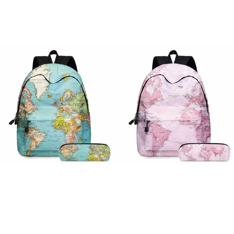 Mochila com estampa de mapa mundi feminina, 2 peças, bolsa para laptop, viagem, mochila de estudante, com estojo de lápis