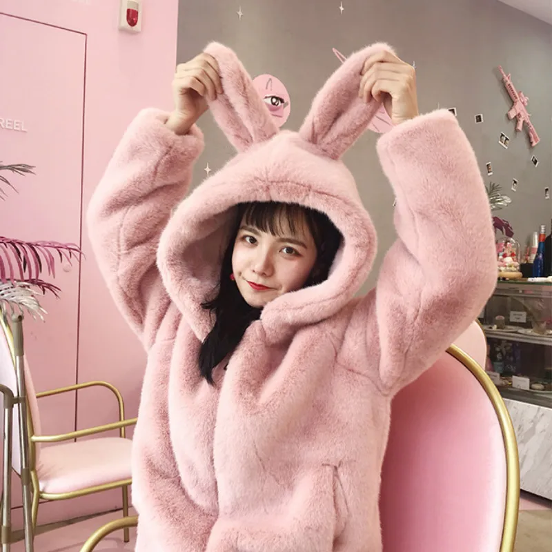 น่ารัก Hooded Faux Fur กระต่ายหู Hooded Fluffy Coat การ์ตูนกระต่ายเทียมหญ้าหนาเสื้อนุ่มเสื้อ Bomber เสื้อ