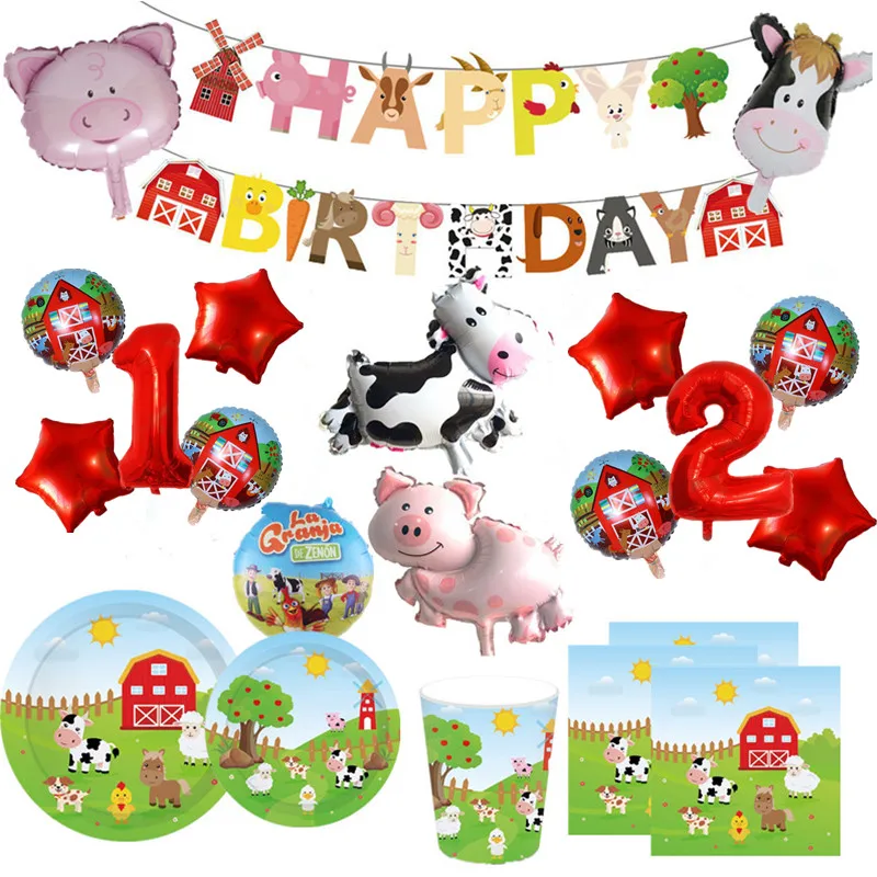 

1Set Farm Animal Theme Foil Inflatable Balloons Happy Birthday Party Decoration Kids Birthday Plate Cup Napkin Banner Wrapper