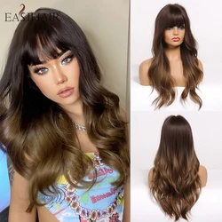 EASIHAIR Long Brown Ombre Synthetic Wigs for Black Women Water Wave Women's Wigs with Bangs Heat Resistant African American Hair