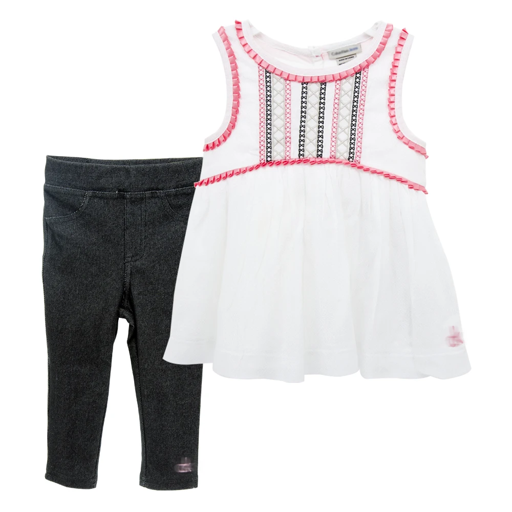 

Honeyzone Vacation Style Baby Girl Clothes Conjunto Infantil Menina Kids Girl White Tops Black Jeans Set Children Outfit