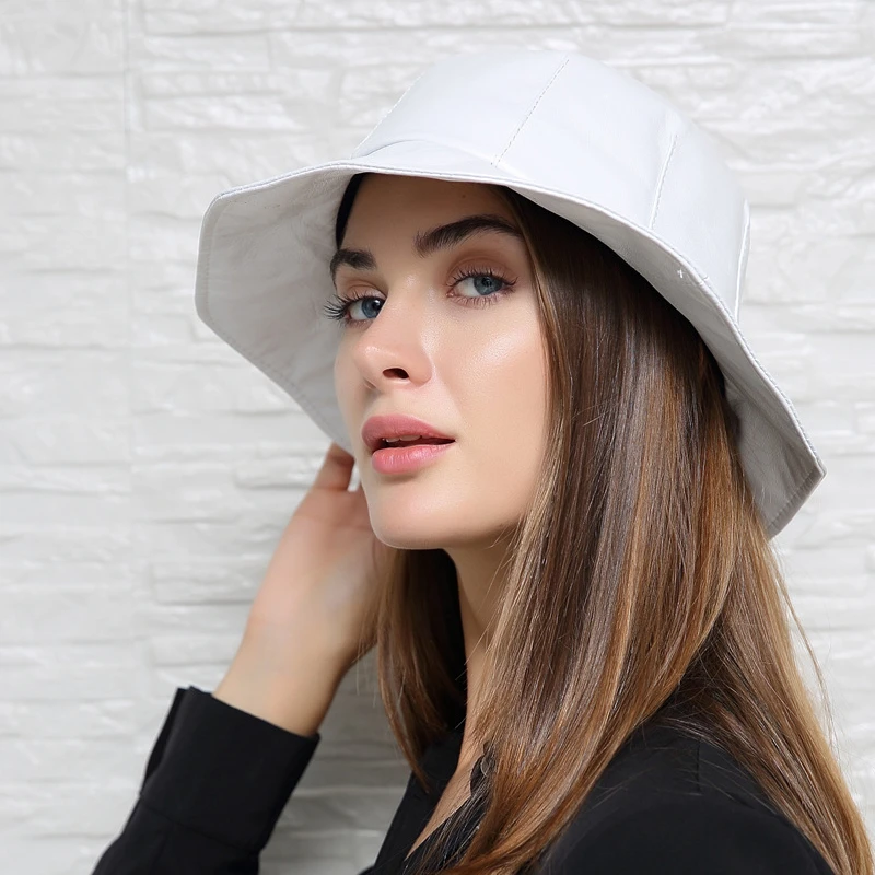 

Hats Women Novelty Female White Line Genuine Leather Big Brim Fisherman Caps Korean Fashion Lambskin Split Basin Sombreros