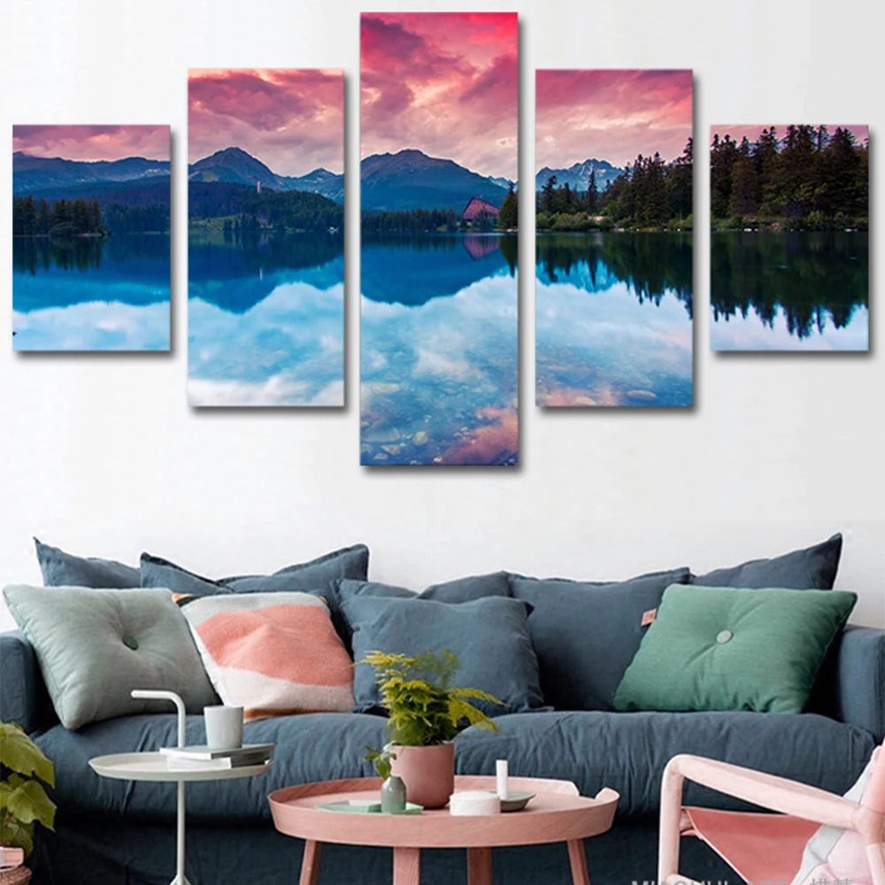 

Wall Art Canvas Painting Mountain Forest Clouds Lake Modular HD Printed 5 Panel Posters Print Picture for Living Room Home Decor