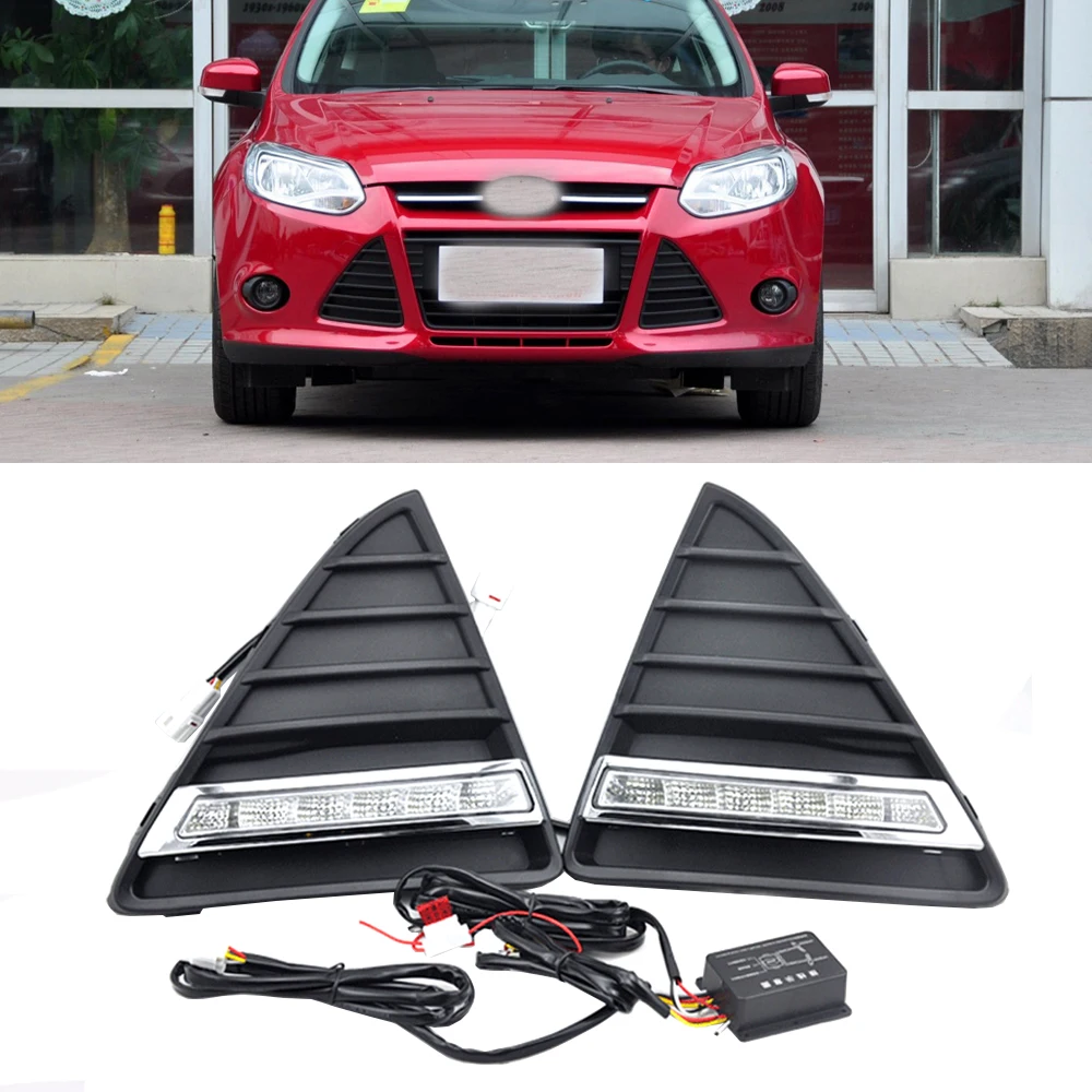 1 Pair Car styling Turn Signal Yellow Car LED DRL Daytime Running Lights replace Fog Lamp Frame for Ford Focus 3 MK3 2012~2014