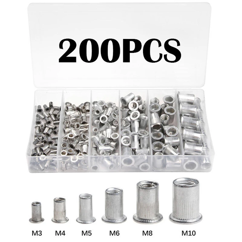 200pcs Rivet Nuts M3 M4 M5 M6 M8 M10 With Box Aluminum Alloy Flat Head Threaded Insert Nut Rivet Cap Set Threaded Nuts