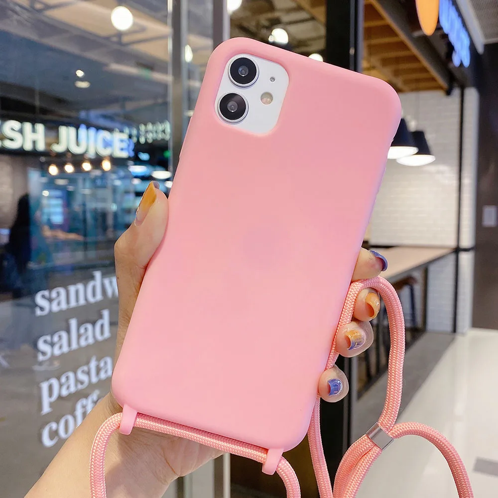 Custodia per telefono in tinta unita per iPhone 13 12 Mini 11 Pro Max XR X XS Max 6 7 8 Plus cordino collana catena appendere cinturino corda copertura corda