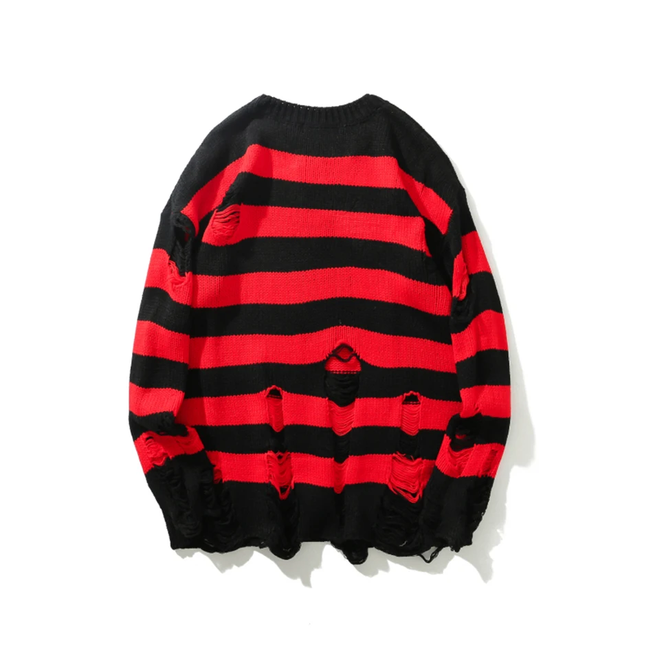 High Street Retro Oversized Red and Black Stripes Sweater Men Crew Neck Loose Hole Color Match Autumn and Winter Clothes Unisex