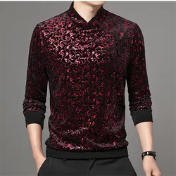 Gold Velvet Sweatshirt Men V-Neck Loose Autumn Winter Casual Pattern Bottoming Long-Sleeved Graphic T Shirts Harajuku Tops