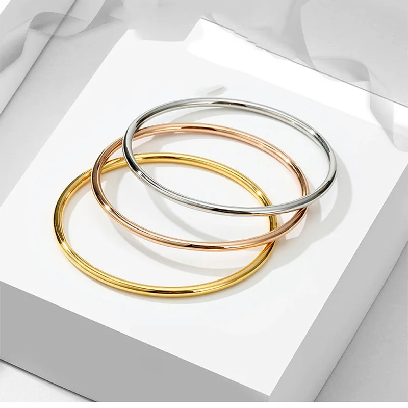 3mm Circle Round Bangle Bracelet Stainless Steel Thin Single Wire Bracelets Simple Classic Jewelry Women Rose Gold Silver Color