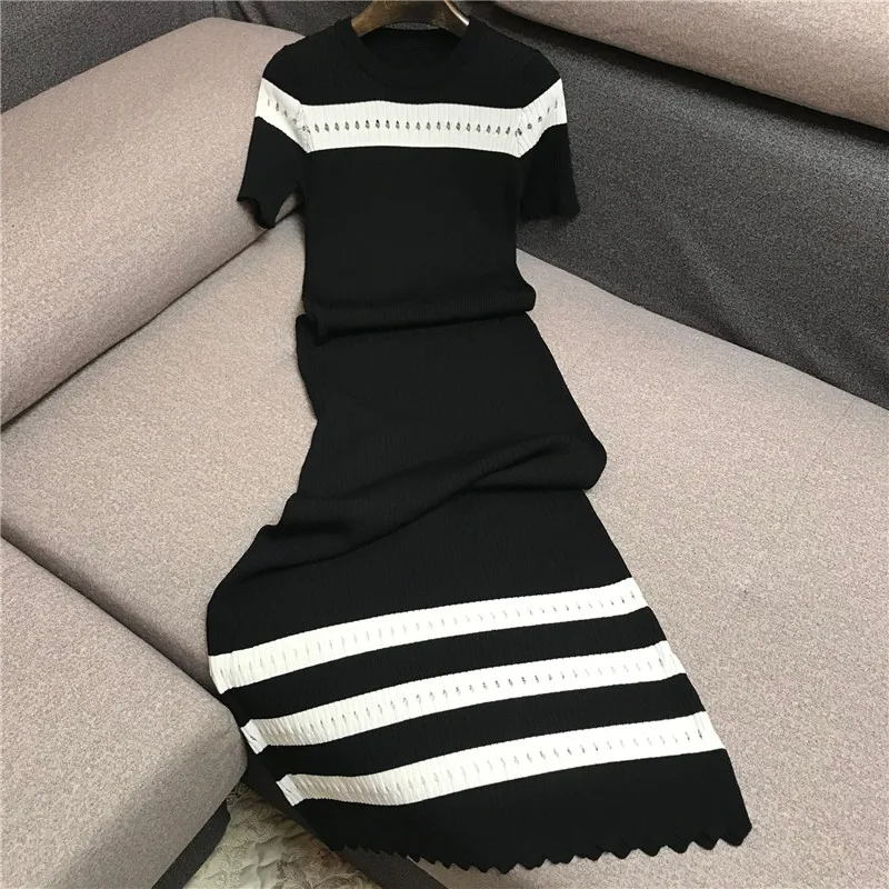 

French style elegant hit color knitted swater+high wasit slim a-line skirt two piece sets women