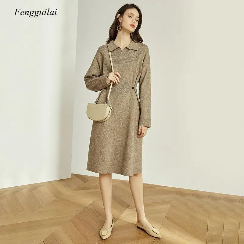 Oversized Autumn Winter Women Dress Turn-Down Collar Button Defined Waist Sweater Dresses Thick Warm Pullover