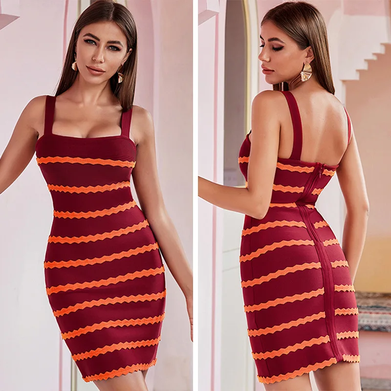 

Rocwickline New Summer and Autumn Women's Dress Sexy & Club Striped Square Collar Spaghetti Strap Sheath Bandage Elegant Dress